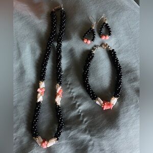 Very Pretty Onyx, Pink Coral, and Mother of Pearl Necklace, Bracelet, Earrings.